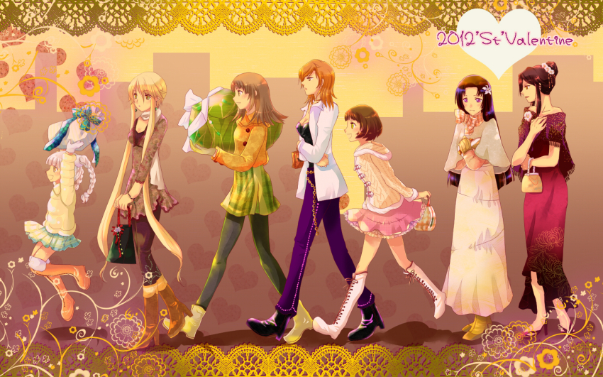 6+girls :d bare_shoulders black_hair black_pantyhose blonde_hair boots braid breasts brown_footwear brown_hair cleavage contemporary dress earrings flower grin hair_flower hair_ornament itsuki_(sengoku_basara) jacket jewelry kasuga_(sengoku_basara) long_hair matsu_(sengoku_basara) medium_hair multiple_girls nouhime_(sengoku_basara) oichi_(sengoku_basara) open_mouth orange_hair pants pantyhose pink_dress purple_pants saika_magoichi_(sengoku_basara) scarf sengoku_basara short_hair short_hair_with_long_locks smile tamata17 tsuruhime_(sengoku_basara) twin_braids valentine walking white_footwear white_hair white_jacket white_scarf