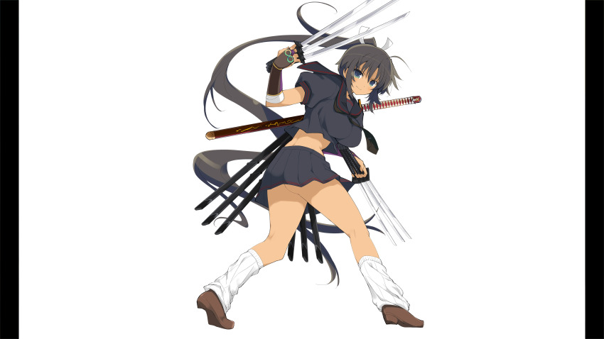 1girl absurdres ass_peek black_hair black_shirt black_skirt breasts brown_shoes dark-skinned_female dark_skin green_eyes highres holding holding_sword holding_weapon homura_(senran_kagura) large_breasts long_hair midriff multiple_swords non-web_source official_art ouroboros pillarboxed ponytail senran_kagura senran_kagura_burst shirt shoes skirt smile socks solo sword tan weapon white_background white_socks yaegashi_nan