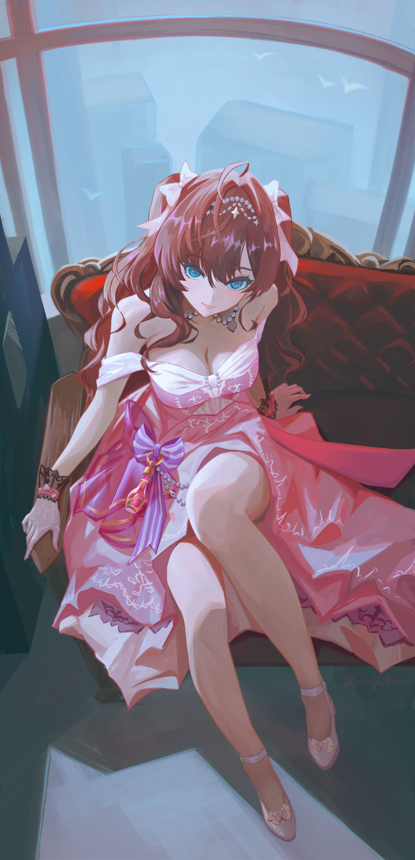 1girl absurdres ahoge bare_shoulders bird blue_eyes breasts brown_hair cleavage closed_mouth commentary_request couch dress from_above hair_ribbon high_heels highres ichinose_shiki idolmaster idolmaster_cinderella_girls large_breasts long_hair looking_at_viewer pink_dress pink_ribbon qingli_ye ribbon sitting smile solo wavy_hair window