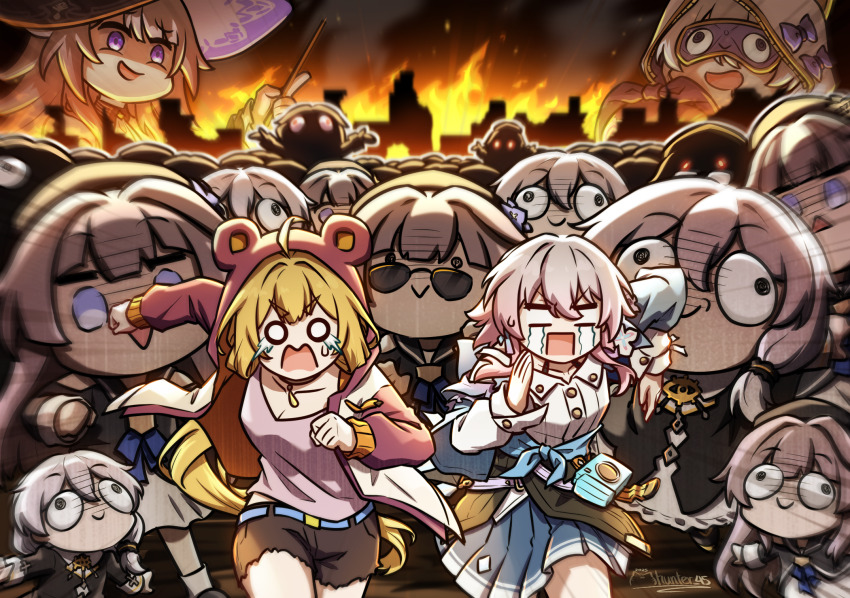 6+girls ahoge animal_hood artist_name bear_hood beret black_shirt blonde_hair blue_skirt breasts brown_hair camera cleavage commentary crying english_commentary fire hat herta_(honkai:_star_rail) highres holding holding_wand honkai:_star_rail honkai_(series) honkai_impact_3rd hood march_7th_(honkai:_star_rail) march_7th_(preservation)_(honkai:_star_rail) medium_hair meme mhunter_45 multiple_girls pink_hair pink_shirt pleated_skirt purple_eyes running shirt short_shorts shorts skirt sleep_mask streaming_tears susannah_manatt tears teri_derp_(meme) the_herta_(honkai:_star_rail) theresa_apocalypse theresa_apocalypse_(schicksal&#039;s_imperative) theresa_apocalypse_(valkyrie_pledge) wand white_shirt