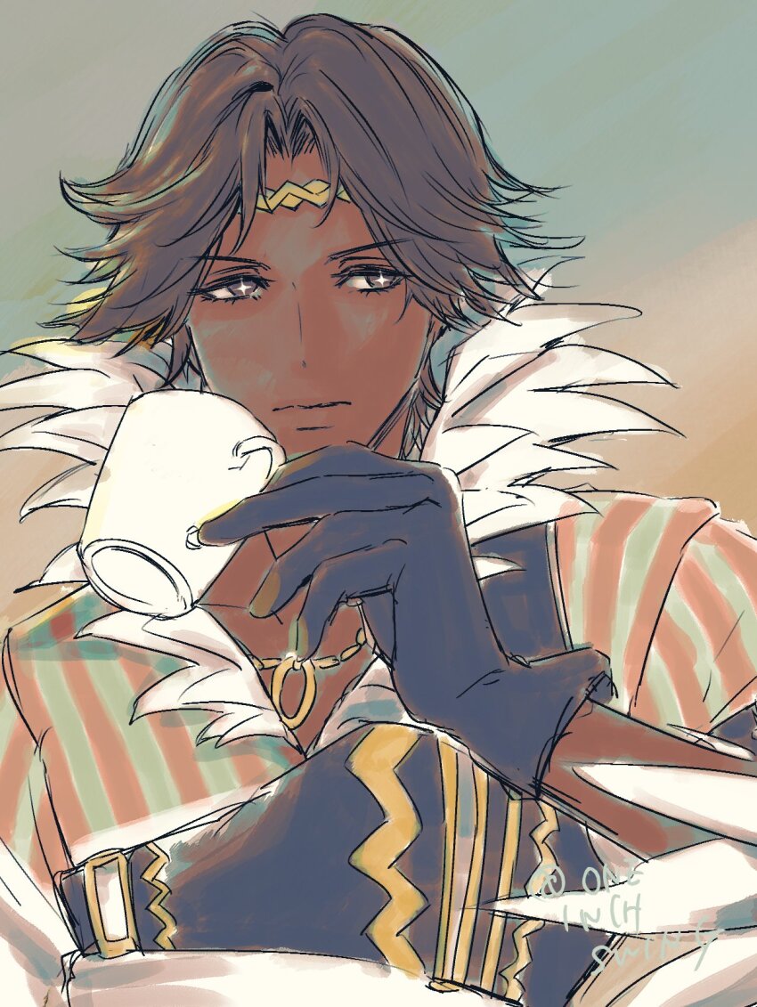 1boy brown_hair circlet cup dark-skinned_male dark_skin feather_collar fire_emblem fire_emblem_engage fogado_(fire_emblem) gold_circlet gold_necklace highres holding holding_cup jewelry looking_at_viewer male_focus necklace nintendo prince short_hair smile star-shaped_pupils star_(symbol) symbol-shaped_pupils umi_(_oneinchswing)