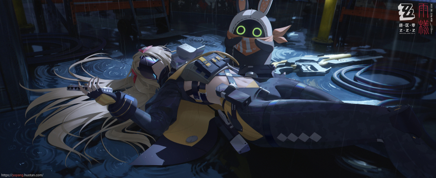 1girl absurdres bangboo_(zenless_zone_zero) black_gloves black_pants blonde_hair breasts commentary_request copyright_logo copyright_name eye_mask fingerless_gloves gloves hair_ornament highres long_hair lying navel pants parted_bangs ponytail rain rain_sama solo trigger_(zenless_zone_zero) water weapon zenless_zone_zero
