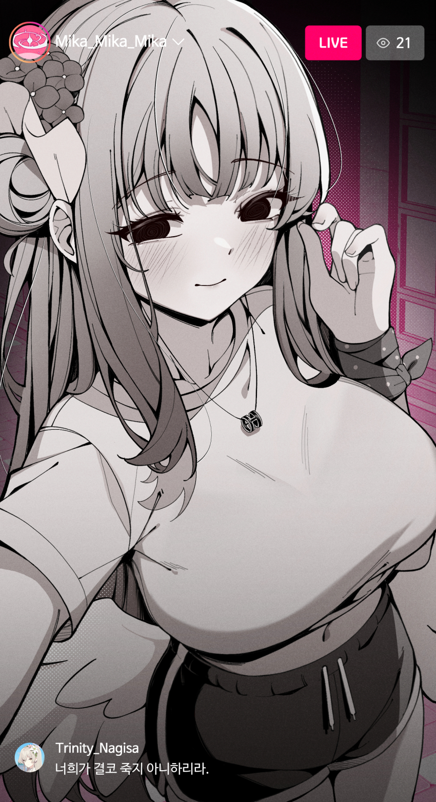 1girl absurdres blank_eyes blonde_hair blush breasts closed_mouth feathered_wings flower from_side greyscale_with_colored_background hair_bun hair_flower hair_ornament highres jewelry kyoto_mogu large_breasts long_hair looking_at_viewer mika_(blue_archive) nagisa_(blue_archive) necklace shirt short_shorts shorts single_side_bun smile solo wings wrist_wrap