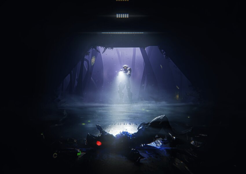 1boy 2204design absurdres alien corpse dark entrance flashlight halo_(series) highres indoors open_mouth shadow soldier solo