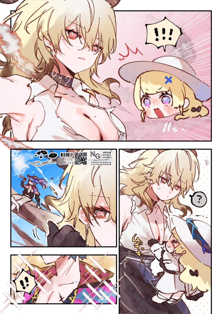 ! 1boy 2girls black_choker black_gloves black_pants blonde_hair blue_eyes blush brant_(wuthering_waves) breasts choker cleavage closed_mouth collarbone commentary_request gloves hair_ornament hat highres large_breasts long_hair lt26 mole mole_on_breast mole_under_eye multiple_girls open_mouth pants phoebe_(wuthering_waves) shirt skirt sparkle sparkling_aura spoken_exclamation_mark sweatdrop tacet_mark_(wuthering_waves) torn_clothes torn_shirt translation_request white_hat white_shirt white_skirt wuthering_waves x_hair_ornament zani_(wuthering_waves)