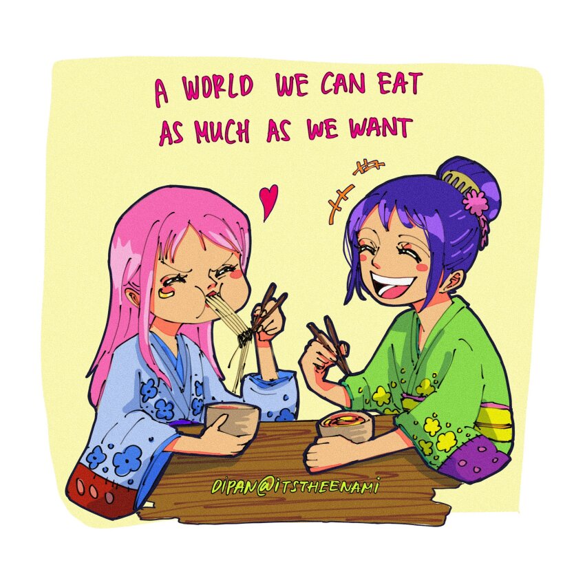 2girls blue_kimono blush_stickers child eating food green_kimono happy highres itstheenami japanese_clothes jewelry_bonney kimono kurozumi_tama multiple_girls noodles one_piece open_mouth pink_hair purple_hair smile