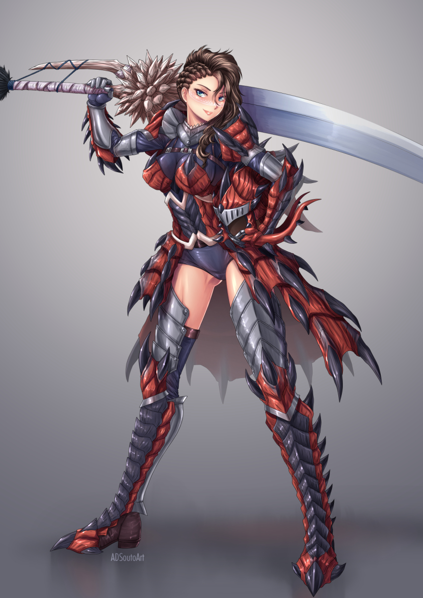 1girl adsouto armor armored_boots artist_name asymmetrical_hair black_leotard blue_eyes boots braid breastplate breasts breasts_apart brown_hair commission facial_mark female_focus full_body gauntlets gloves greaves grey_background hair_between_eyes helmet highres holding holding_sword holding_weapon japanese_armor kusazuri legs_apart leotard long_hair looking_at_viewer medium_breasts monster_hunter_(series) pauldrons rathalos_(armor) scale_armor shoulder_armor simple_background smile solo standing sword thighhighs unworn_headwear unworn_helmet weapon