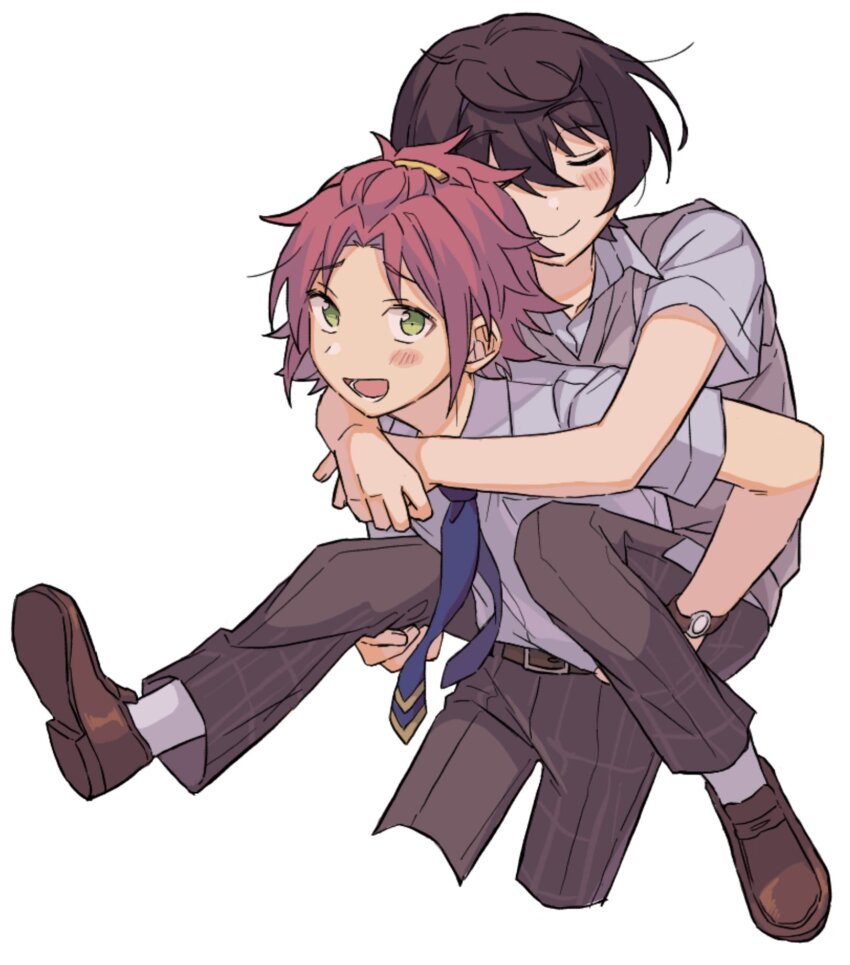 2boys belt belt_buckle bishounen black_hair blue_necktie brown_belt brown_footwear buckle carrying closed_eyes closed_mouth collared_shirt cropped_legs ensemble_stars! furrowed_brow green_eyes grey_pants grey_sweater_vest hair_between_eyes highres implied_yaoi isara_mao leaning_forward light_blush loafers looking_to_the_side lower_teeth_only male_focus multiple_boys necktie niyororinpayamaru no_jacket open_mouth pants piggyback plaid_clothes plaid_pants red_hair sakuma_ritsu school_uniform shirt shirt_tucked_in shoes short_sleeves sideways_glance simple_background smile socks summer_uniform sweater_vest teeth u_u watch white_background white_shirt white_socks wing_collar wristwatch yumenosaki_school_uniform
