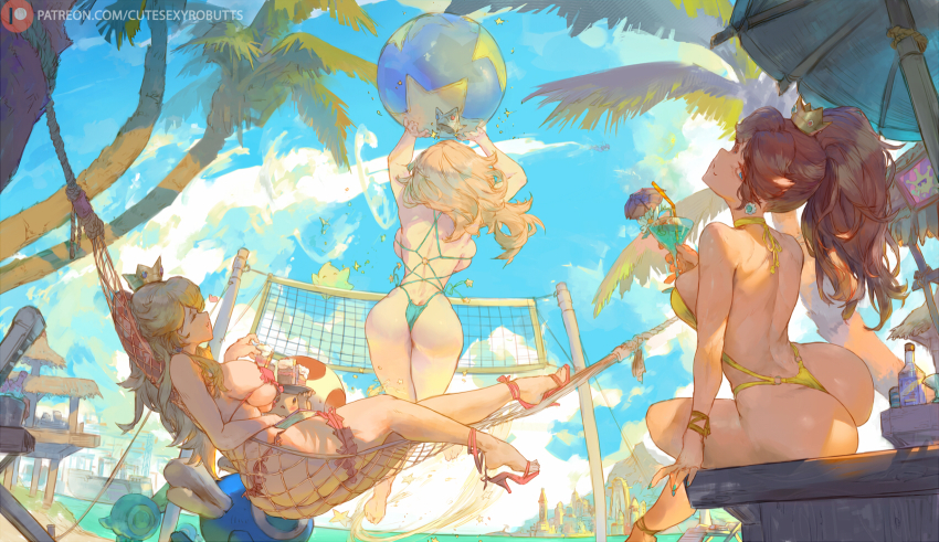 3girls ass backboob ball beach beach_volleyball bikini blonde_hair breasts brown_hair butt_crack cataquack closed_eyes cocktail_glass crown cup cutesexyrobutts drinking_glass drinking_straw earrings high_heel_sandals high_heels highres holding holding_cup jewelry large_breasts long_hair luma_(mario) mario mario_(series) multiple_girls nintendo o-ring one-piece_swimsuit pink_bikini pink_footwear playing_sports princess_daisy princess_peach rosalina sandals shine_sprite sideboob super_mario_bros._1 super_mario_galaxy super_mario_land swimsuit thong thong_bikini toad_(mario) toeless_footwear tropical_drink underboob volleyball volleyball_(object) volleyball_net wing_cap wing_mario yellow_one-piece_swimsuit