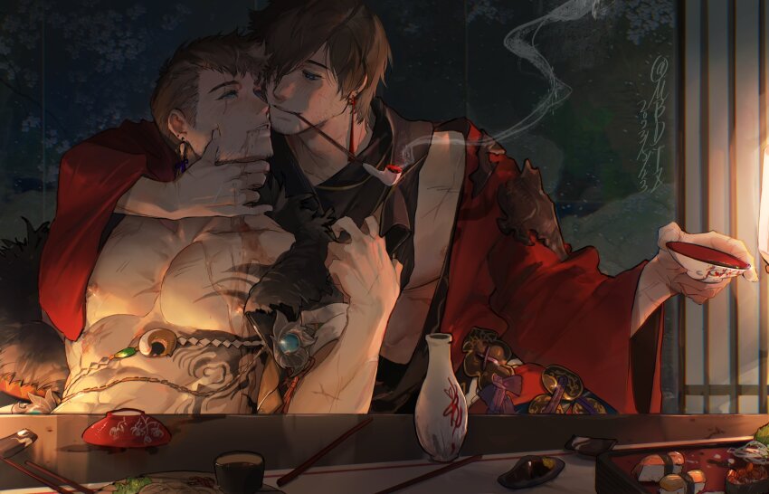 2boys absurdres adventurer_(ff14) alcohol black_hair drunk facial_scar final_fantasy final_fantasy_xiv highres hyur mbdtz monk multiple_boys samurai scar scar_across_eye scar_on_cheek scar_on_face scar_on_neck smile smoke warrior_of_light_(ff14) wine