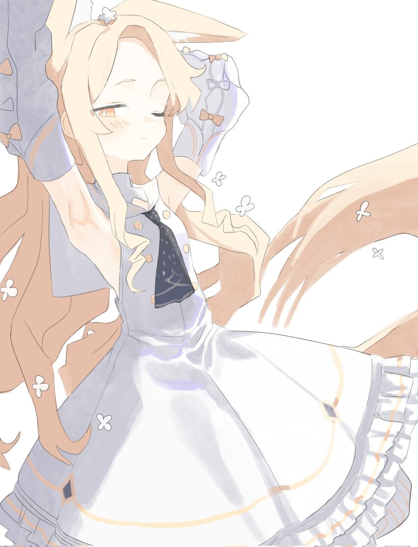 1984_(cw1000110) 1girl animal_ear_fluff animal_ears armpits arms_up black_necktie blonde_hair blue_archive buttons closed_eyes detached_sleeves double-breasted dress flat_chest flower forehead fox_ears fox_girl fox_tail frilled_dress frills hair_flower hair_ornament half-closed_eye highres long_hair long_sleeves looking_at_viewer necktie one_eye_closed parted_bangs sailor_collar school_uniform seia_(blue_archive) simple_background sleeve_bow sleeves_past_fingers sleeves_past_wrists solo standing tail very_long_hair white_background white_dress white_flower white_sailor_collar