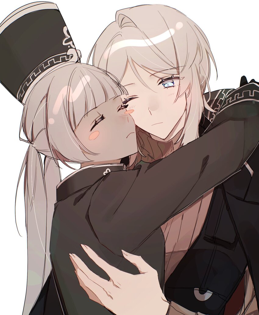 2girls aojiru_oisiiiii black_hat black_jacket blue_eyes charon_(project_moon) closed_eyes faust_(project_moon) grey_hair hat highres hug jacket limbus_company long_sleeves multiple_girls one_eye_closed project_moon simple_background twintails upper_body white_background