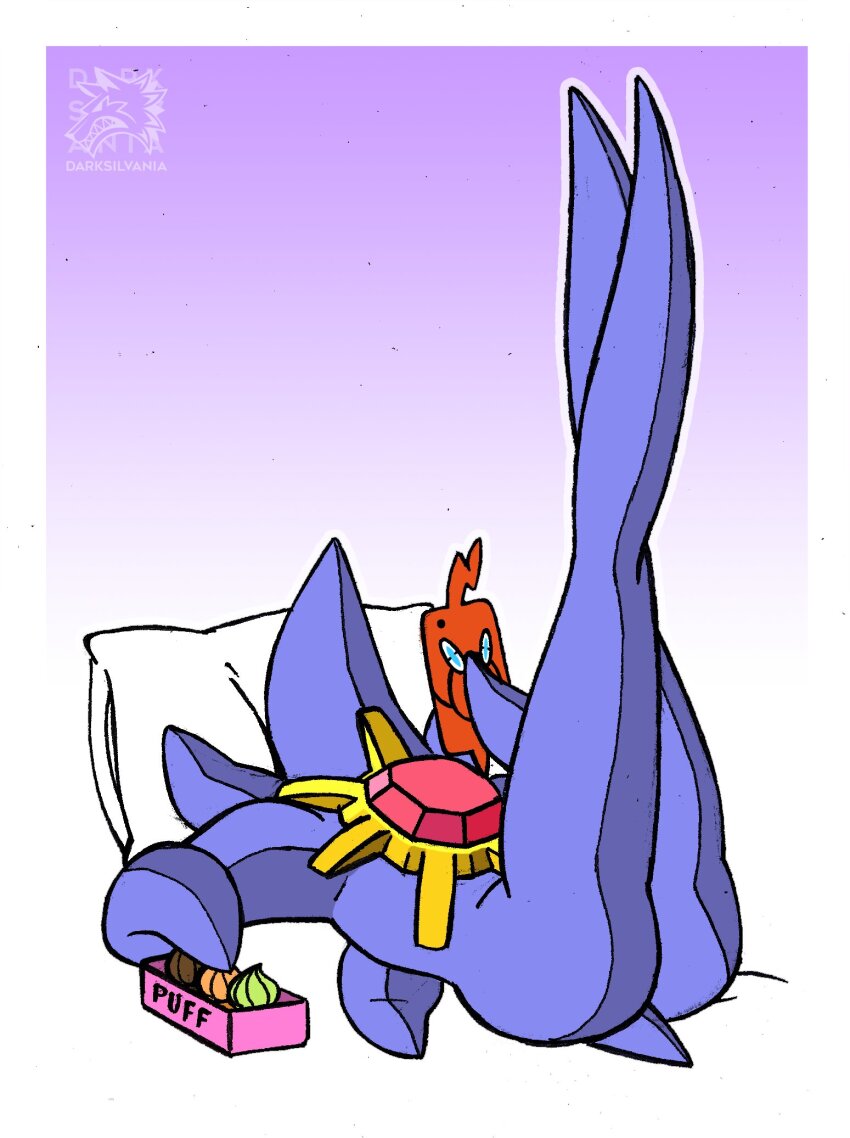ass border box commentary darksilvania english_commentary food gem gen_1_pokemon gen_4_pokemon highres holding holding_phone legs_up lying mega_pokemon mega_starmie nintendo no_humans on_back phone pillow pokemon pokemon_(creature) pokemon_focus red_gemstone rotom rotom_phone starmie white_border
