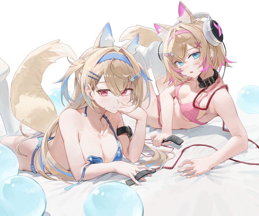 2girls absurdres animal_ear_fluff animal_ears ass blonde_hair blue_bra blue_eyes blue_hair blue_panties bra breasts cleavage collar collarbone dog_ears dog_tail fuwawa_abyssgard hair_ornament hairband hairclip hashtag-only_commentary headphones highres holding holding_leash hololive hololive_english leash long_hair looking_at_viewer lying medium_breasts mococo_abyssgard multicolored_hair multiple_girls on_back on_bed on_stomach open_bra panties pink_bra pink_hair pink_panties red_eyes short_hair siblings small_breasts starshell tail thighhighs twins two-tone_hair underwear underwear_only virtual_youtuber white_thighhighs