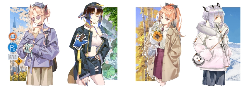 4girls absurdres arknights arm_at_side awakeningdog bag beret birch_tree black_choker black_jacket black_pants black_skirt blue_hair blue_sky bouquet branch brown_coat brown_eyes brown_hair camera choker closed_eyes coat collared_shirt cropped_legs down_jacket eunectes_(arknights) facing_ahead flower fur-trimmed_jacket fur_trim gitano_(arknights) gradient_hair grey_hat grey_skirt hand_on_own_hip handbag hat high-waist_skirt high_priest_(arknights) highres holding holding_bouquet holding_camera jacket legs_apart legs_together light_brown_hair lily_pad long_sleeves looking_ahead looking_at_viewer miniskirt mole mole_under_eye multicolored_hair multiple_girls necktie off_shoulder open_clothes open_coat orange_eyes outline own_hands_together pants parted_bangs pencil_skirt pinecone_(arknights) plaid_clothes plaid_skirt pleated_skirt pointy_ears polaroid_camera ponytail ptilopsis_(arknights) purple-tinted_eyewear purple_jacket red_necktie red_skirt road_sign round_eyewear school_uniform seasons shirt shirt_tucked_in short_ponytail sidelocks sign simple_bird skirt sky snow sports_bra sunflower sunglasses tinted_eyewear tree white_hair white_outline white_shirt white_sports_bra