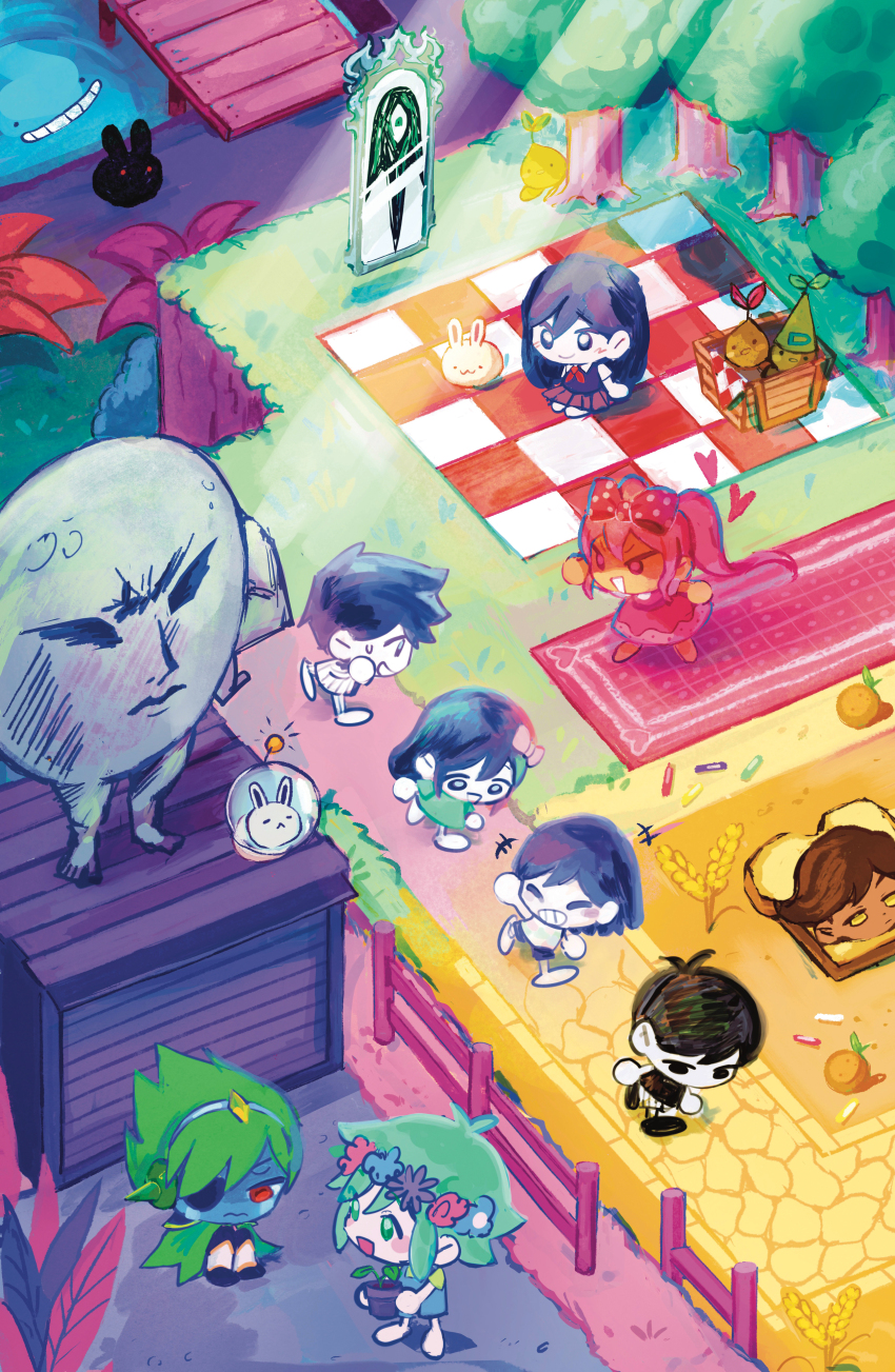 3girls 6+boys absurdres aubrey_(headspace)_(omori) aubrey_(omori) basil_(headspace)_(omori) basil_(omori) biscuit_(omori) black_eyes black_hair blanket blue_skin bow captain_spaceboy carpet chibi colored_skin dark-skinned_male dark_skin eyepatch fence flower_pot food forest_bunny_(omori) fruit ghost_bunny_(omori) green_eyes green_hair hair_bow head_wreath hero_(headspace)_(omori) hero_(omori) highres holding holding_flower_pot humphrey_(omori) joylychi kel_(headspace)_(omori) kel_(omori) long_hair mari_(headspace)_(omori) mari_(omori) mirror multiple_boys multiple_girls omori omori_(omori) orange_(fruit) pink_bow pink_hair plant pluto_(omori) polka_dot polka_dot_bow potted_plant purple_eyes purple_hair red_eyes short_hair something_(omori) space_bunny_(omori) spoilers sprout_mole tree twintails white_skin