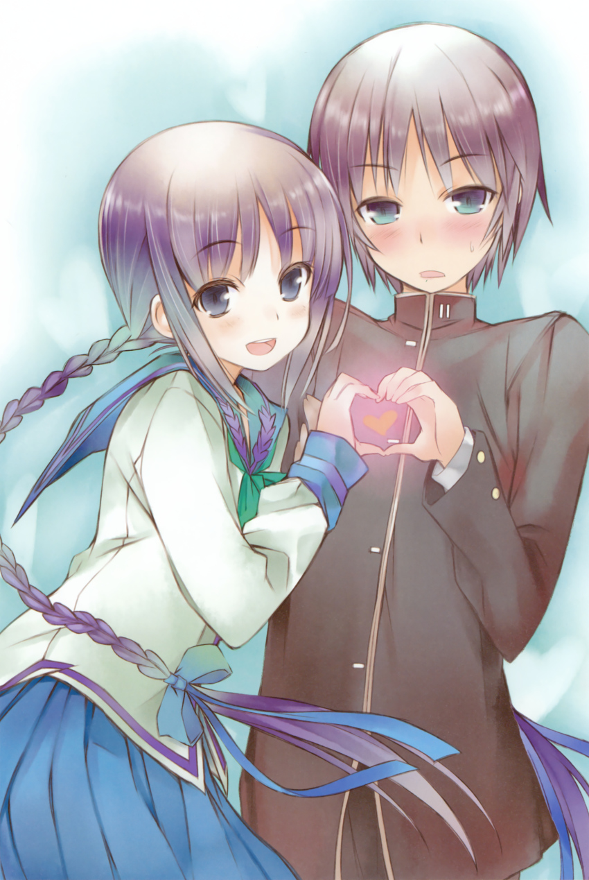 1boy 1girl absurdres amano_tooko aqua_eyes blue_eyes blue_hair blush braid brown_hair bungaku_shoujo couple heart heart_hands heart_hands_duo hetero highres image_sample inoue_konoha long_hair school_uniform short_hair smile sweatdrop very_long_hair yamamoto_keiji
