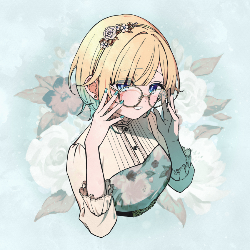 1girl adjusting_eyewear aizawa_ema aizawa_ema_(3rd_costume) belt blonde_hair blue_eyes blue_nails blunt_bangs breasts dress earrings fingernails floral_print flower glasses gradient_hair grin hair_flaps hair_flower hair_ornament hairband half-sleeves haremoto highres jewelry lace-trimmed_collar lace-trimmed_sleeves lace_trim light_blush looking_at_viewer multicolored_hair nail_polish parted_bangs short_hair smile solo twitter_username upper_body virtual_youtuber vspo!