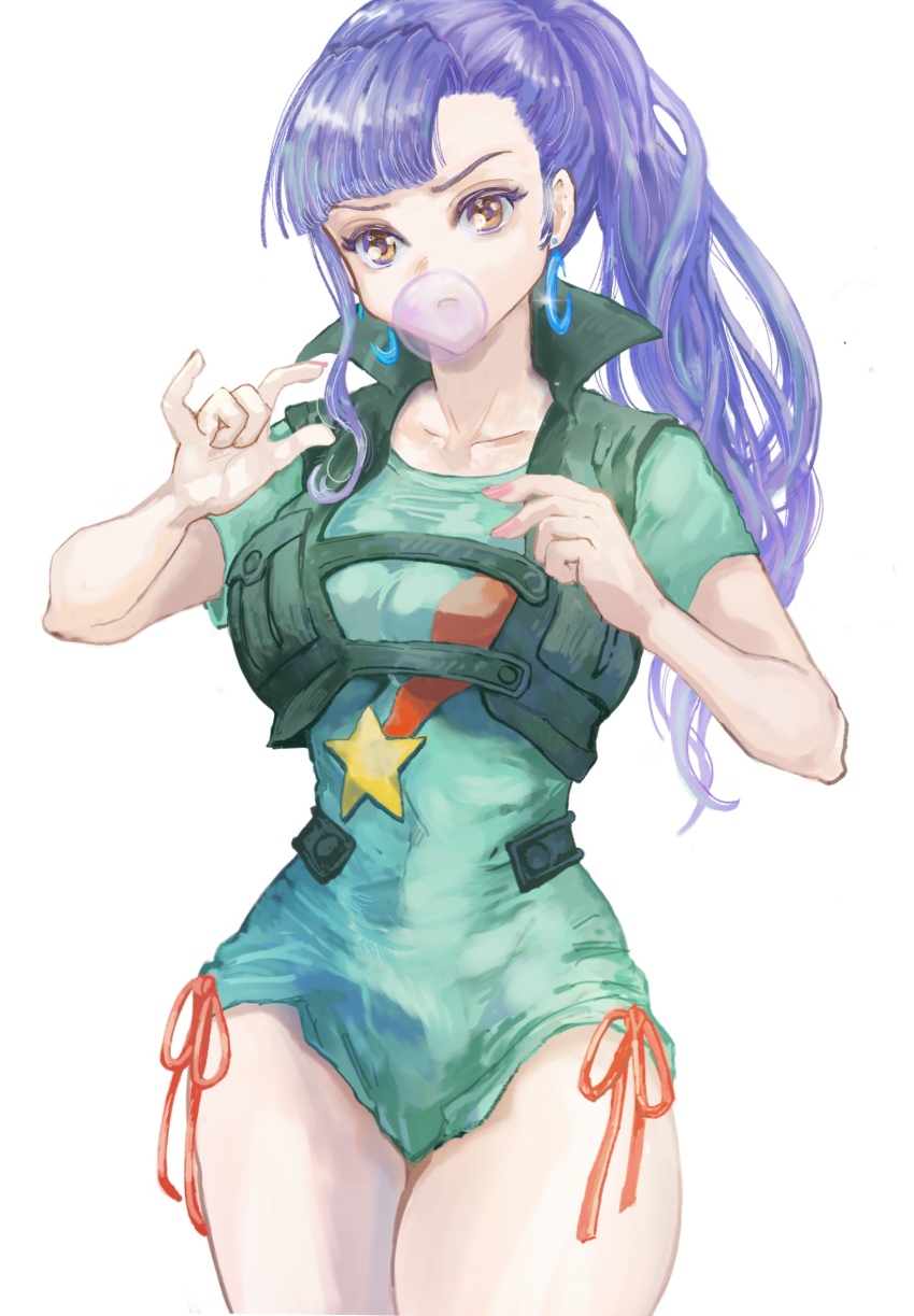 1girl chewing_gum commentary crescent crescent_earrings dress earrings english_commentary green_dress gundam gundam_zz highres jewelry light_smile long_hair looking_at_viewer okrdisk2000 orange_eyes outstretched_arms purple_hair roux_louka short_sleeves solo spread_arms star_(symbol) star_print white_background