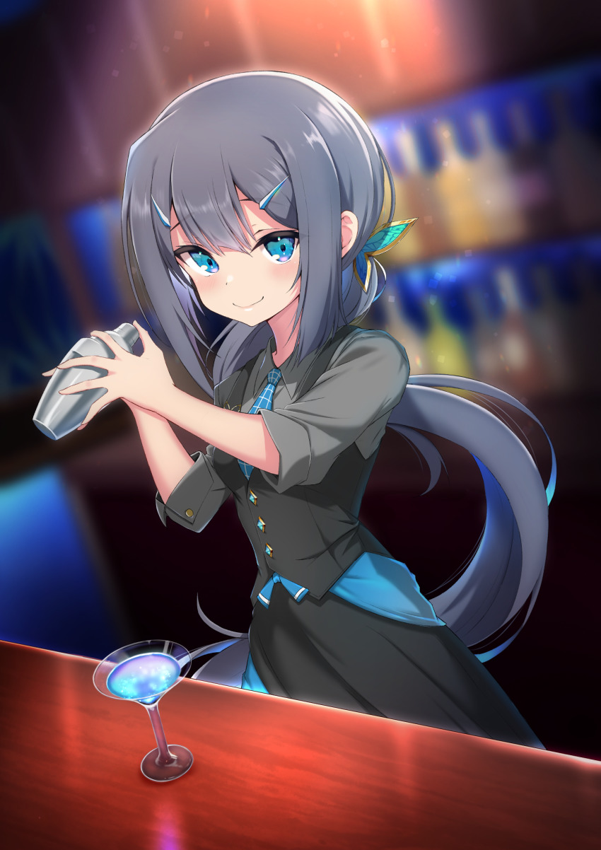 1girl alternate_costume black_hair black_vest blush breasts brown_eyes cocktail_glass cocktail_shaker collared_shirt cosplay coyomin cup dress_shirt drinking_glass fate/kaleid_liner_prisma_illya fate_(series) grey_shirt hair_ornament hairclip highres james_moriarty_(archer)_(fate) james_moriarty_(archer)_(fate)_(cosplay) james_moriarty_(gray_collar)_(fate) long_hair long_sleeves looking_at_viewer miyu_edelfelt necktie ponytail shirt small_breasts smile solo vest