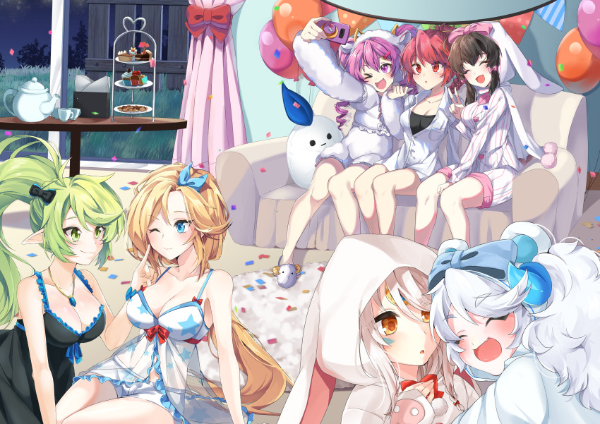 6+girls absurdres aisha_landar alternate_costume animal_ear_hood animal_hood ara_haan babydoll balloon bare_shoulders black_chemise black_hair blonde_hair blue_eyes blue_horns breasts cake cake_slice chemise cleavage closed_eyes collared_shirt cookie couch dessert drill_hair elesis_(elsword) elf elsword eungking_(tog2029) eve_(elsword) fake_animal_ears food grass green_eyes green_hair hairband high_ponytail highres holding holding_phone hood horns indoors long_hair long_sleeves loungewear luciela_r._sourcream muffin multiple_girls night nightgown on_couch one_eye_closed open_mouth orange_eyes pajamas phone pointy_ears ponytail purple_eyes purple_hair rabbit_hood red_eyes red_hair rena_erindel rose_(elsword) shirt shorts sleeveless striped_clothes striped_pajamas teapot tiered_tray twin_drills v vertical-striped_clothes vertical-striped_pajamas white_babydoll white_hair white_hairband white_pajamas white_shirt white_shorts