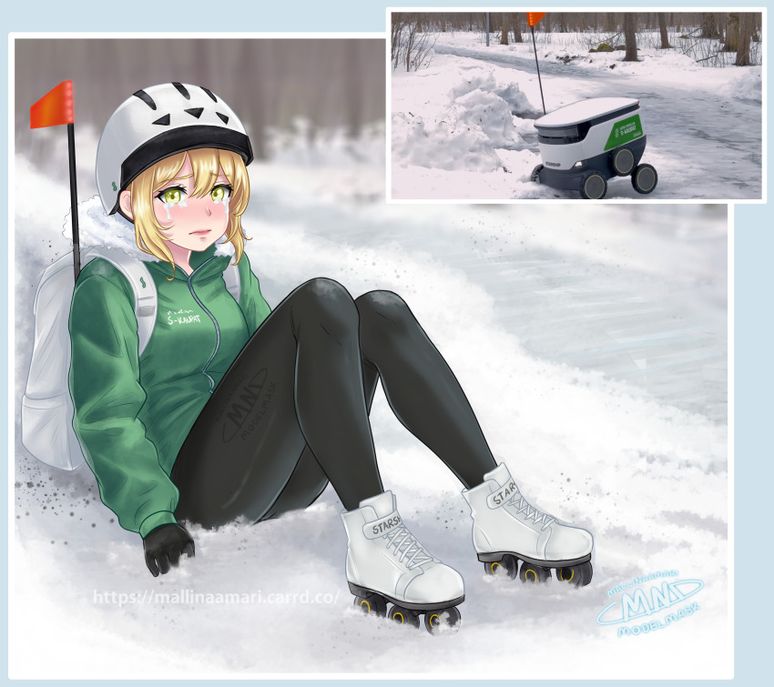 1girl absurdres artist_name backpack bag black_pants blonde_hair blue_background blurry blurry_background border clumsy commentary crying english_commentary fallen_down full_body fur_collar green_eyes green_jacket hair_between_eyes helmet highres ice inline_skates jacket looking_at_viewer mallinaamari medium_hair original pants personification photo_inset red_flag reference_inset robot roller_skates skates snow solo vehicle_and_personification wheel white_bag white_border
