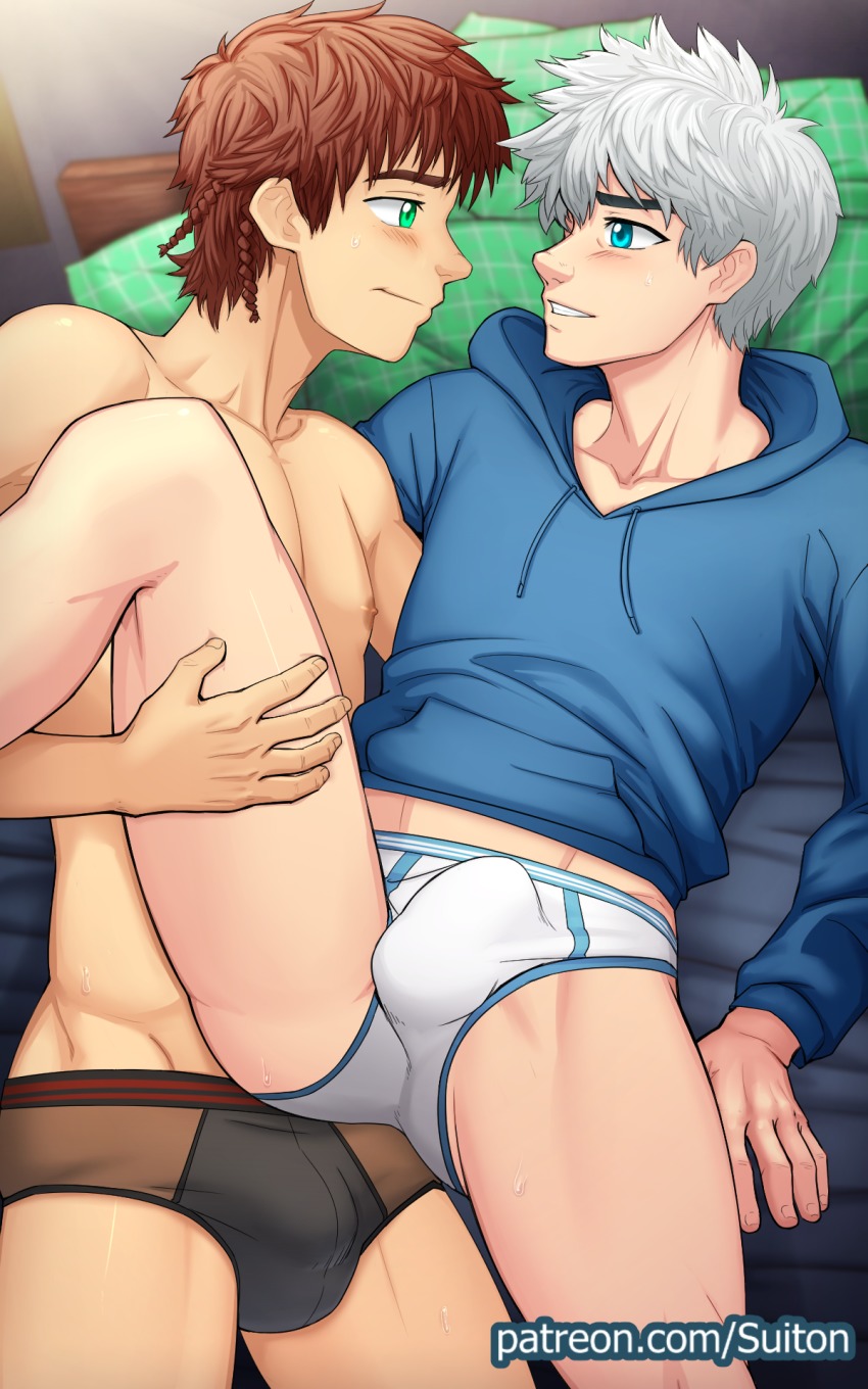2boys abs bed black_briefs blush briefs brown_briefs bulge crotch hiccup_horrendous_haddock_iii highres how_to_train_your_dragon_(series) how_to_train_your_dragon_1 jack_frost_(megami_tensei) jack_frost_(rise_of_the_guardians) leg_lift lying male_focus male_underwear multiple_boys pillow rise_of_the_guardians suiton underwear white_briefs yaoi