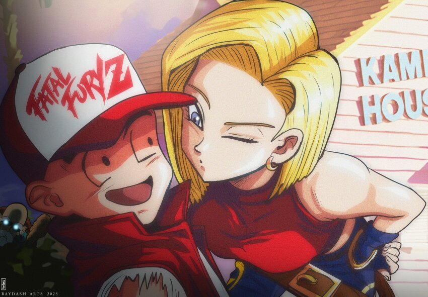 1boy 1girl absurdres android_18 bare_shoulders baseball_cap blonde_hair blue_eyes blue_mary blue_mary_(cosplay) breasts cosplay crop_top dragon_ball dragonball_z earrings fatal_fury fingerless_gloves gloves hat highres jacket jewelry kuririn medium_breasts muten_roushi one_eye_closed oversized_belt raydash30 red_jacket short_hair snk terry_bogard terry_bogard_(cosplay) the_king_of_fighters