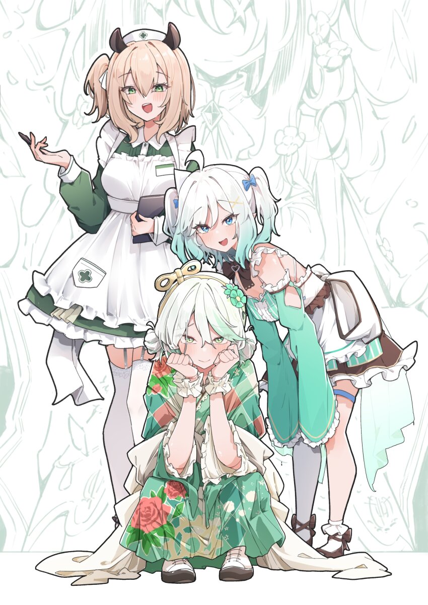 3girls absurdres airenif bent_over blue_dress breasts brown_hair cecilia_immergreen color_connection dress green_kimono green_theme grey_hair hat highres hololive hololive_english indie_virtual_youtuber japanese_clothes kimono large_breasts medium_breasts mint_fantome multiple_girls nimi_nightmare nurse_cap one_side_up twintails virtual_youtuber