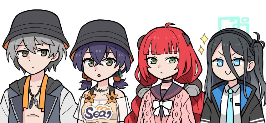1boy 3girls aqua_halo aris_(blue_archive) belle_(summer_skies)_(zenless_zone_zero) belle_(zenless_zone_zero) bikini bikini_top_under_shirt black_choker black_hair black_hat black_sailor_collar blue_archive blue_eyes blue_necktie bow brother_and_sister bucket_hat cardigan choker column_lineup commentary crossed_bangs crossover fish_hat green_eyes hair_between_eyes hairband halo hat highres jacket long_hair long_hair_between_eyes looking_to_the_side multiple_girls necktie odd_one_out off-shoulder_shirt off_shoulder official_alternate_costume one_side_up open_clothes open_jacket orange_bikini pink_cardigan rectangular_halo red_hair sailor_collar see-through_clothes see-through_shirt shirt siblings simple_background smile swimsuit tanaka_minami_(voice_actor) twintails ukinami_yuzuha voice_actor_connection washin white_background white_bow white_shirt wise_(peaceful_waves)_(zenless_zone_zero) wise_(zenless_zone_zero) zenless_zone_zero