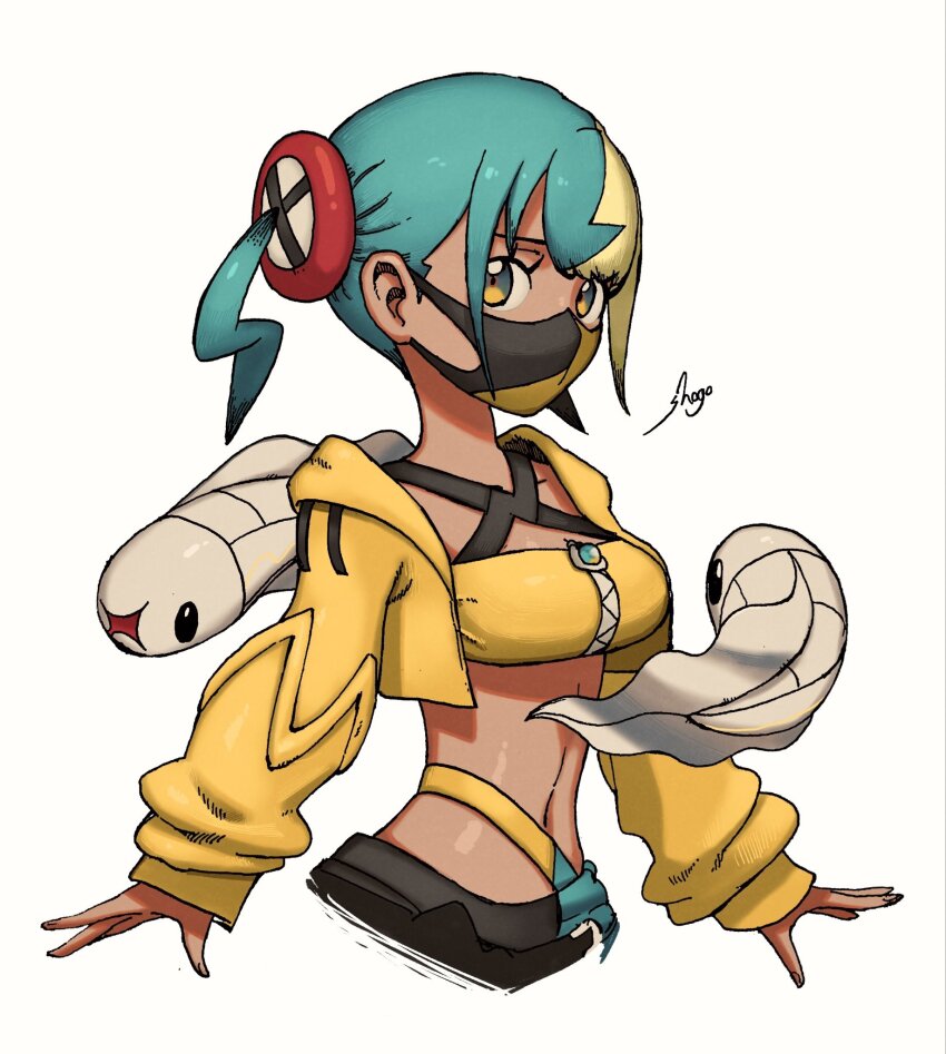 1girl aqua_hair bandeau blonde_hair canari_(pokemon) crop_top dark-skinned_female dark_skin gen_5_pokemon highres jacket long_sleeves looking_at_viewer mask mouth_mask multicolored_hair navel nintendo open_clothes open_jacket pokemon pokemon_(creature) pokemon_legends:_z-a shogo_(shogo70449442) short_hair signature split-color_hair two-tone_hair tynamo white_background yellow_jacket