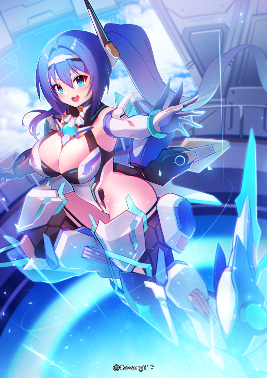 1girl blue_eyes blue_hair breasts cawang cleavage commission elbow_gloves gloves highres large_breasts leotard long_hair looking_at_viewer mecha_musume open_mouth original pixiv_commission ponytail science_fiction smile solo white_gloves white_leotard