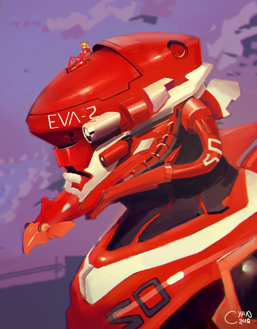 1girl absurdres acrazysunshine bodysuit commentary english_commentary eva_02 from_side gloves hair_between_eyes highres interface_headset_(evangelion) leaning_back long_hair looking_away mecha_pilot_suit neon_genesis_evangelion orange_hair plugsuit_(evangelion) red_bodysuit signature simple_background sitting sky solo souryuu_asuka_langley turtleneck two_side_up wide_shot