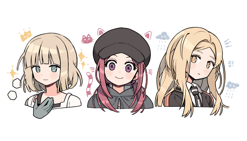 3girls animal_ears black_necktie blonde_hair border_operator_uniform_(world_trigger) cat_ears cat_tail cropped_shoulders drawn_crown drawn_ears drawn_tail drawn_whiskers fake_animal_ears fake_tail gloves green_eyes grey_cloak grey_gloves grey_hair hair_over_shoulder highres hiura_akane korean_commentary lineup long_hair looking_at_viewer messy_hair multiple_girls nana_0253 nasu_rei nasu_squad&#039;s_uniform necktie parted_hair pink_hair purple_eyes rokuta_rika short_hair smile tail twintails white_background world_trigger yellow_eyes