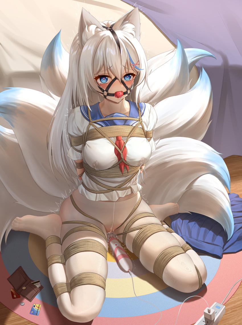 absurdres animal_ear_fluff animal_ears arms_behind_back ball_gag bdsm blue_eyes blue_hair blush bondage book bound breasts collared_shirt drooling frogtie frostbite_(artist) gag gag_harness gagged grey_hair heart heart-shaped_pupils highres hitachi_magic_wand indoors kitsune kyuubi long_hair medium_breasts midriff_peek multicolored_hair multiple_tails open_mouth original pantyhose pleated_skirt pussy_juice reading restrained sailor_collar self_bondage sex_toy shibari shibari_over_clothes shirt sitting skindentation skirt streaked_hair symbol-shaped_pupils tail trembling very_long_hair vibrator wariza white_pantyhose white_shirt wiffle_gag