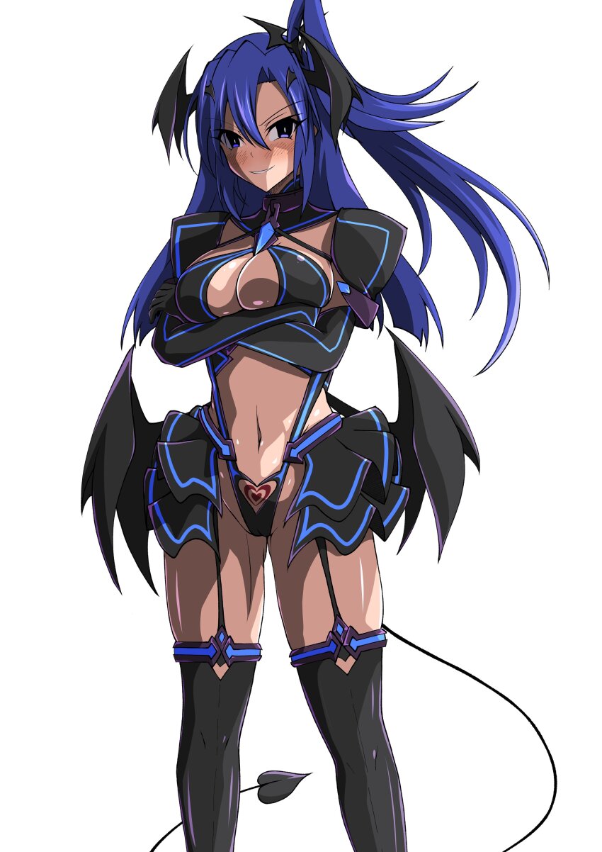 1girl absurdres aoi_tabane black_gloves black_thighhighs blue_eyes blue_hair blush breasts cleavage corruption crossed_arms dark_persona demon_girl demon_tail demon_wings garter_straps gloves hair_between_eyes hair_ornament head_wings highres kazanari_tsubasa kouyoku_senki_exs-tia large_breasts liberator_(kouyoku_senki_exs-tia) long_hair looking_at_viewer low_wings navel one_side_up pubic_tattoo purple_eyes revealing_clothes senki_zesshou_symphogear shiny_skin showgirl_skirt skirt smile solo standing tail tattoo thighhighs transparent_background wings