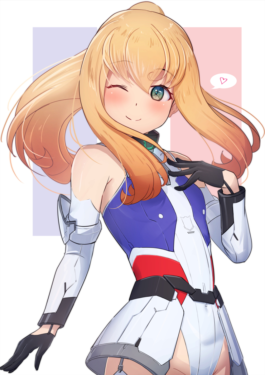 1girl ;) absurdres alice_gear_aegis black_gloves blonde_hair blue_leotard blush breasts closed_mouth cowboy_shot detached_sleeves flat_chest french_flag garter_straps gloves green_eyes heart highleg highleg_leotard highres leotard long_hair looking_at_viewer multicolored_leotard noelle_francisca one_eye_closed origami_yakko ponytail showgirl_skirt small_breasts smile solo spoken_heart thighhighs two-tone_leotard white_leotard