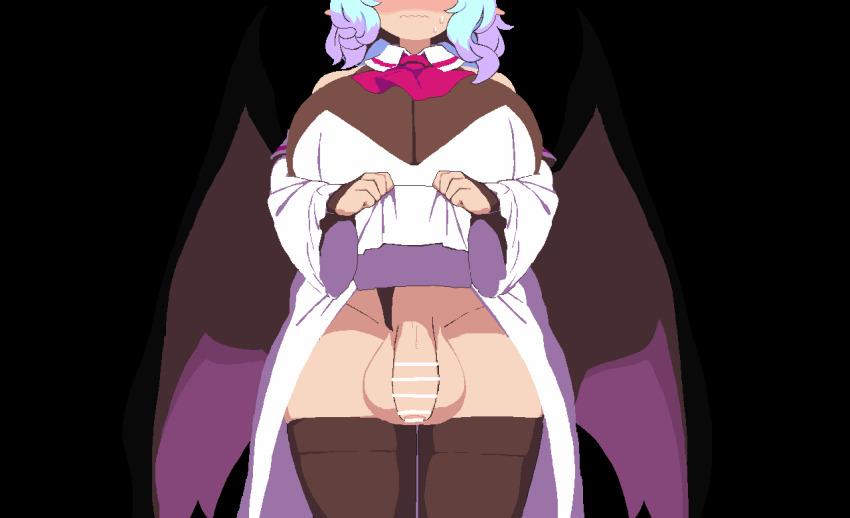 1futa alternate_breast_size alternate_costume animated animated_gif ascot bar_censor black_background black_panties black_thighhighs blue_hair breasts censored clothing_aside commentary_request demon_wings developing_erection dress embarrassed erection flaccid foreskin futanari huge_breasts large_penis large_testicles lifting_own_clothes long_sleeves namako_daibakuhatsu panties panties_aside penis pointy_ears red_ascot remilia_scarlet short_hair solo sweatdrop testicles thighhighs touhou twitching_penis underwear urethra vampire wavy_mouth white_dress wide_sleeves wings