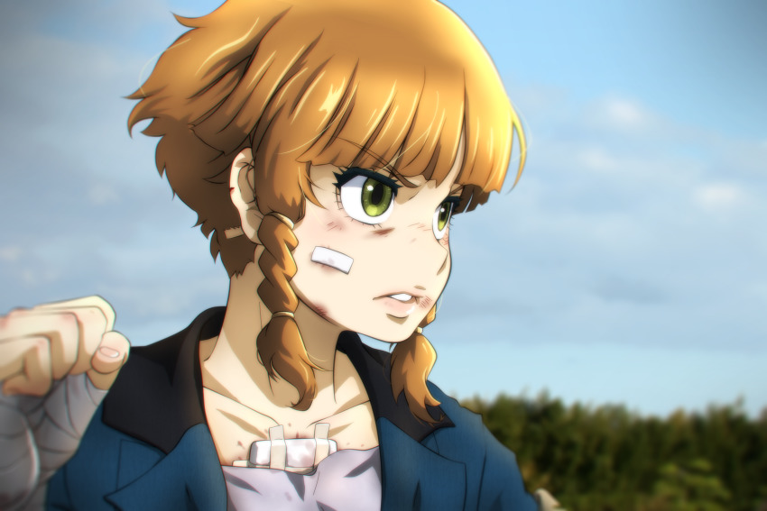 1girl bandaged_hand bandages bandaid blue_sky braid bruise bruise_on_face close-up cloud collarbone day forest genya_(genya67) green_eyes highres injury jacket light_brown_hair mary_sue_(youjo_senki) medium_hair nature outdoors sky solo teeth youjo_senki