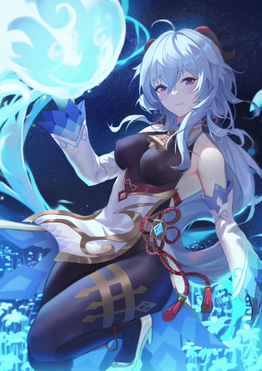 1girl ahoge anklet bare_shoulders bell black_bodysuit blue_hair bodysuit closed_mouth covered_erect_nipples cowbell detached_sleeves eru_(eru_illust) floating_hair ganyu_(genshin_impact) genshin_impact goat_horns gold_trim hair_between_eyes hand_up highres horns jewelry leg_up long_hair looking_at_viewer orb pelvic_curtain purple_eyes skin_tight smile solo very_long_hair vision_(genshin_impact) white_footwear