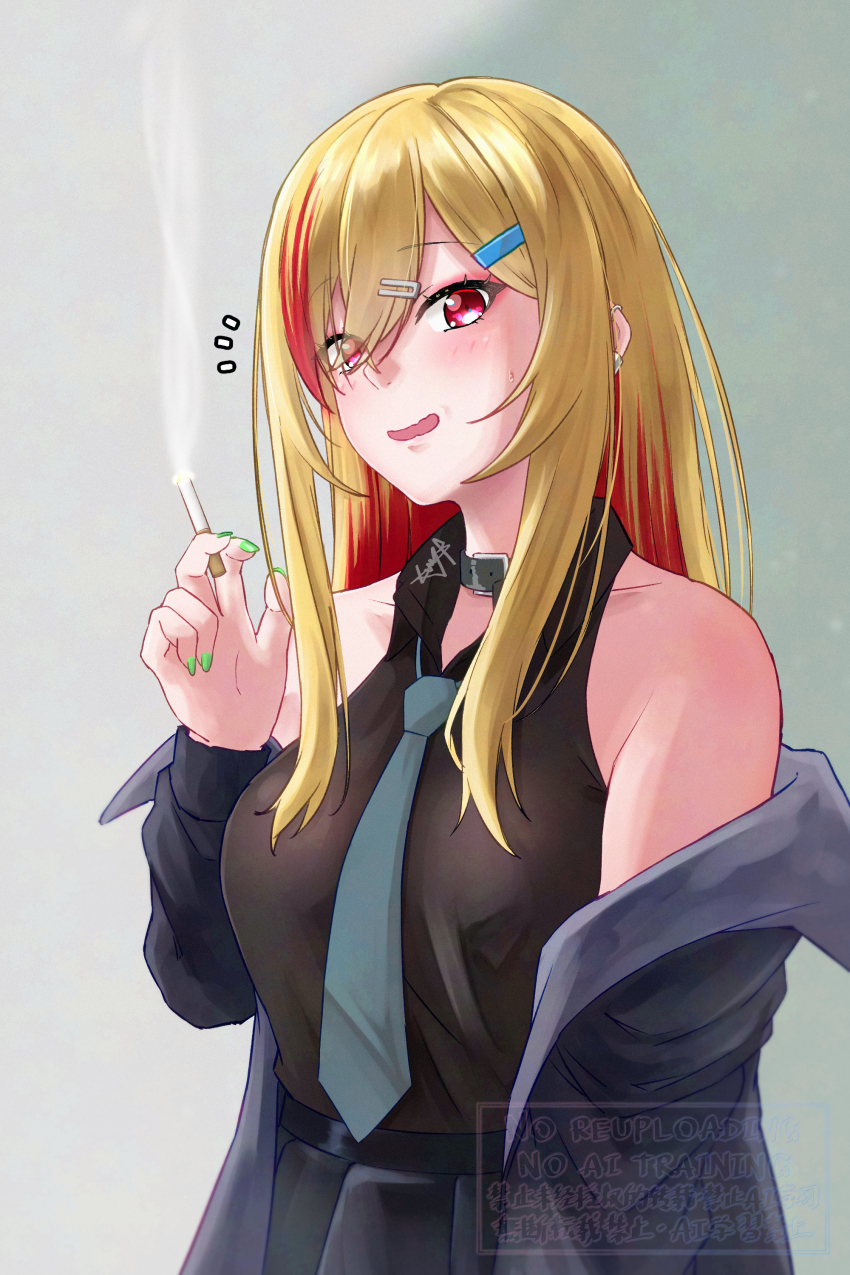 1girl absurdres black_shirt black_skirt blonde_hair blue_jacket blush choker cigarette collared_shirt commentary_request grey_choker hair_between_eyes hair_ornament hairclip highres holding holding_cigarette jacket multicolored_hair mutsuki_(mutsuki0110) off_shoulder open_clothes open_jacket open_mouth original pleated_skirt red_eyes red_hair shirt shirt_tucked_in skirt smoke solo streaked_hair