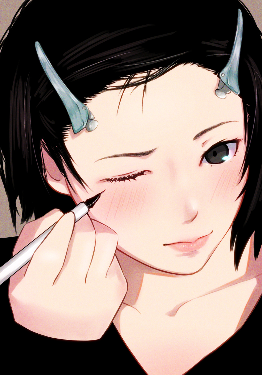 1girl absurdres amagami applying_makeup applying_own_makeup black_eyes black_hair black_shirt blush brown_background close-up collarbone commentary eyelashes eyeliner film_grain hair_ornament hair_pulled_back hairclip hairdressing highres holding holding_brush holding_makeup_brush lips looking_at_viewer makeup makeup_brush nanasaki_ai one_eye_closed oshizu pink_lips portrait shirt solo