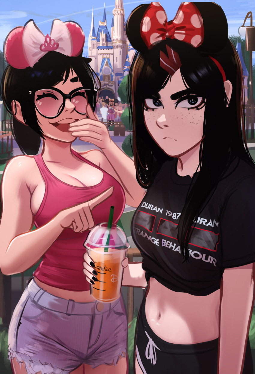2girls absurdres animal_ears black_hair black_shirt black_shorts blue_eyes blue_shorts bow breasts cleavage closed_eyes closed_mouth clothes_writing cowboy_shot cup day disneyland drinking_straw duran_duran fake_animal_ears freckles frown glasses hair_bow hand_up highres holding holding_cup kadence_(veyonis) large_breasts laughing long_hair looking_at_viewer midriff minnie_mouse mouse_ears multiple_girls navel open_mouth original outdoors pointing pointing_at_another polka_dot polka_dot_bow red_tank_top rosen_(veyonis) shirt short_sleeves shorts small_breasts standing tank_top teeth upper_teeth_only veyonis