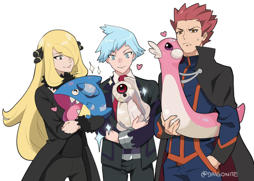 1girl 2boys :&lt; alternate_color beldum black_coat black_jacket black_pants blonde_hair closed_mouth coat collared_shirt commentary cowboy_shot cynthia_(pokemon) dratini fur-trimmed_coat fur_collar fur_trim gen_1_pokemon gen_3_pokemon gen_4_pokemon gible goro_orb grey_eyes hair_ornament hair_over_one_eye hand_in_pocket heart highres holding holding_pokemon jacket lance_(pokemon) long_sleeves looking_down multiple_boys necktie nintendo pants pokemon pokemon_(creature) pokemon_dppt pokemon_hgss pokemon_oras red_necktie shiny_pokemon shirt simple_background smile sparkle steven_stone sweatdrop twitter_username watermark white_background