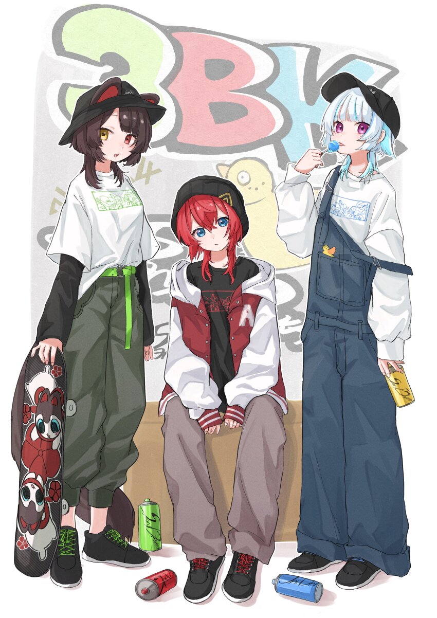 3girls 3znk :p absurdres alternate_costume alternate_hairstyle ange_katrina animal_ears arms_between_legs baggy_pants banken_(inui_toko) baseball_cap beanie belt bird black_hat black_shirt black_shoes black_sleeves blue_eyes blue_hair blue_overalls breasts brown_hair brown_tail bucket_hat candy character_name closed_mouth commentary_request crossed_bangs dog_ears dog_girl dog_tail ears_through_headwear fang floral_print_shirt food full_body graffiti green_belt green_pants grey_pants hair_between_eyes hand_up hat head_tilt heterochromia highres holding holding_candy holding_food holding_lollipop holding_skateboard inui_toko jacket layered_sleeves letterman_jacket lize_helesta lollipop long_bangs long_sleeves looking_at_viewer matching_hairstyle medium_breasts medium_hair multicolored_hair multiple_girls nijisanji off_shoulder open_clothes open_jacket open_mouth outline overalls pants purple_eyes red_eyes red_hair red_jacket sanbaka_(nijisanji) sebastian_piyodore shirt shirt_partially_tucked_in shoes short_over_long_sleeves short_sleeves sitting skateboard sleeves_past_wrists spray_paint standing strap_slip streaked_hair t-shirt tail tongue tongue_out two-tone_hair virtual_youtuber white_hair white_outline white_shirt white_sleeves wolf_cut yellow_bird yellow_eyes
