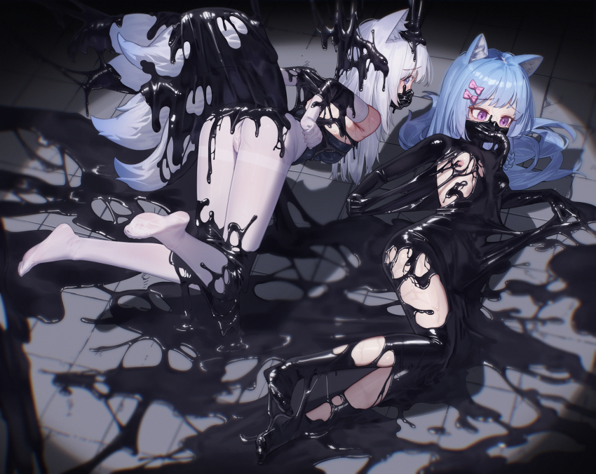2girls absurdres animal_ear_fluff animal_ears artist_request blue_eyes blue_hair breasts highres long_hair multiple_girls nipples original pantyhose pink_ribbon purple_eyes restrained ribbon slime_(substance) small_breasts sticky suspension tail very_long_hair white_hair white_pantyhose