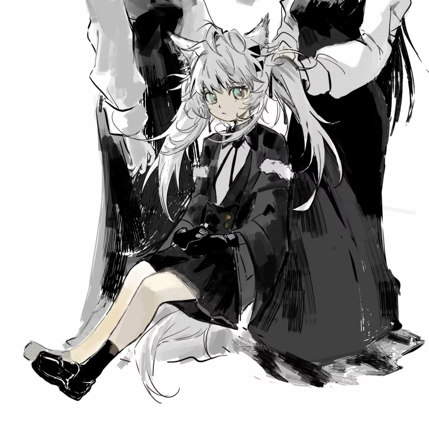 3girls aged_down animal_ears aqua_eyes arknights black_gloves black_shoes black_skirt black_socks bolo_tie chinese_commentary closed_mouth collared_shirt commentary_request earrings gloves head_out_of_frame highres jewelry lappland_(arknights) loafers long_hair long_sleeves miniskirt multiple_girls shirt shoes sitting skirt socks tail tuitangguxuanshou twintails white_shirt wolf_ears wolf_girl wolf_tail