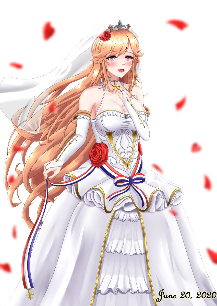 1girl absurdres azur_lane blonde_hair blush breasts bridal_gauntlets bridal_veil cross crying dated dress fleur-de-lis flower french_flag gloves happy_tears highres large_breasts long_hair musanix open_mouth personification petals red_eyes richelieu_(azur_lane) rose smile solo tears vehicle_and_personification veil wedding wedding_dress white_background