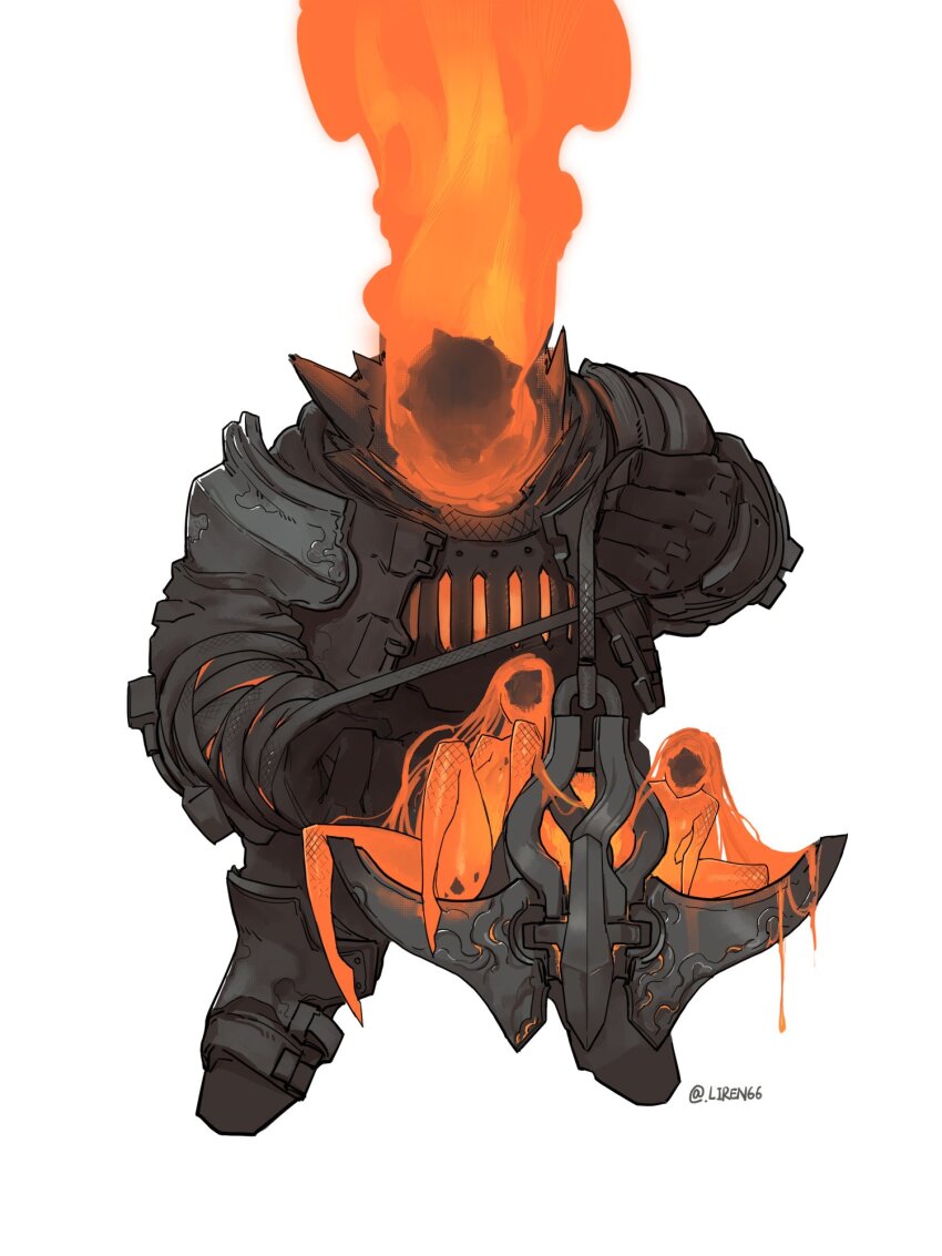 1boy 2girls anchor armor burning faceless full_armor full_body furnace highres holding holding_anchor lava liren44 monster_girl multiple_girls original sitting size_difference slime_girl twitter_username white_background
