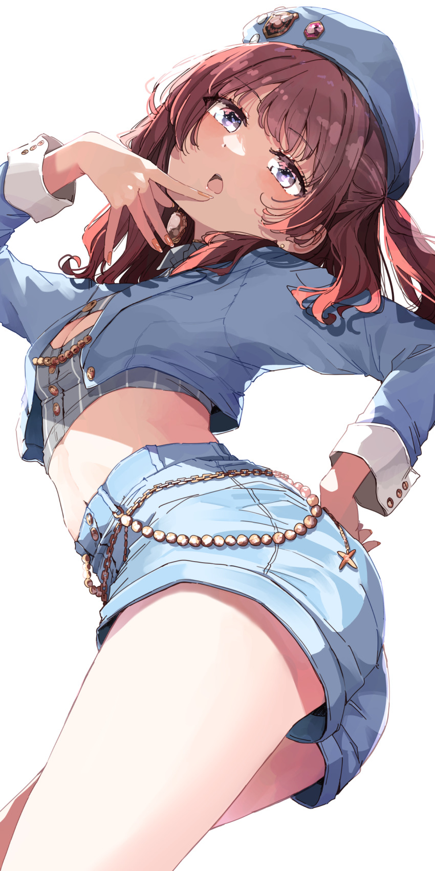 1girl beret blue_hat blue_jacket blue_shorts boom_boom_pow_(idolmaster) breasts cleavage commentary crop_top cropped_jacket gakuen_idolmaster grey_eyes hanami_saki hand_up hat highres idolmaster jacket long_hair long_sleeves looking_at_viewer medium_breasts midriff navel nyoijizai open_mouth red_hair shorts simple_background solo white_background